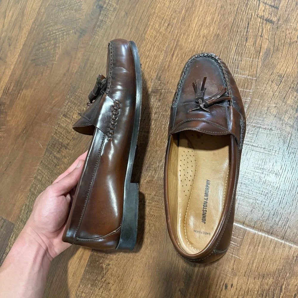 Johnston and Murphy Mens Tassel Loafers Brown Leather Sheepskin Dress Shoes 11